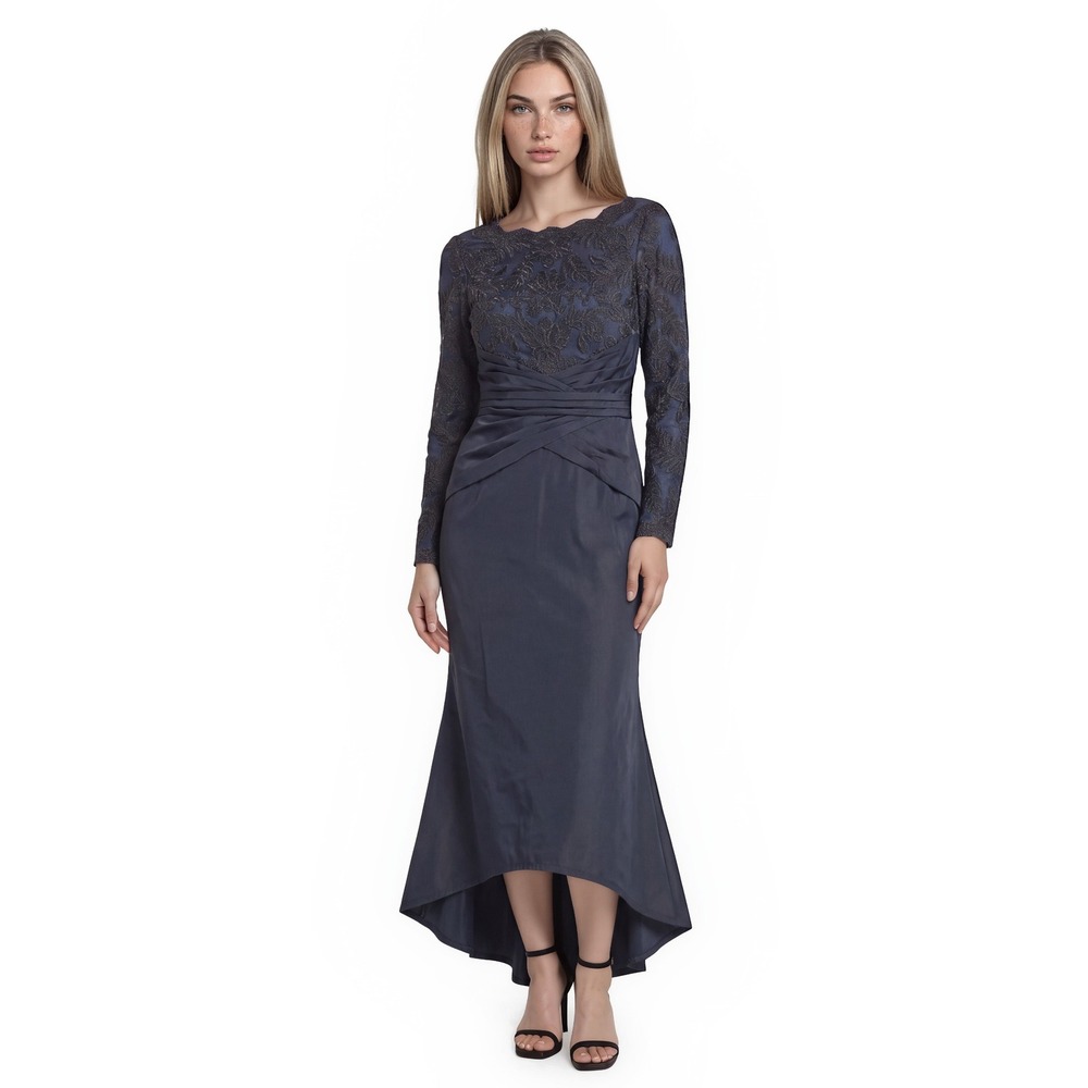 Tadashi Shoji Maxi Dress Women's Size 10 Blue Lace Bodice Ruched Waist Evening
